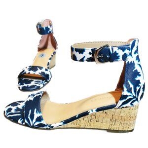 NEW Aerosoles Blue & White Flower Print Comfort Ankle Strap Wedges Shoes Size 7